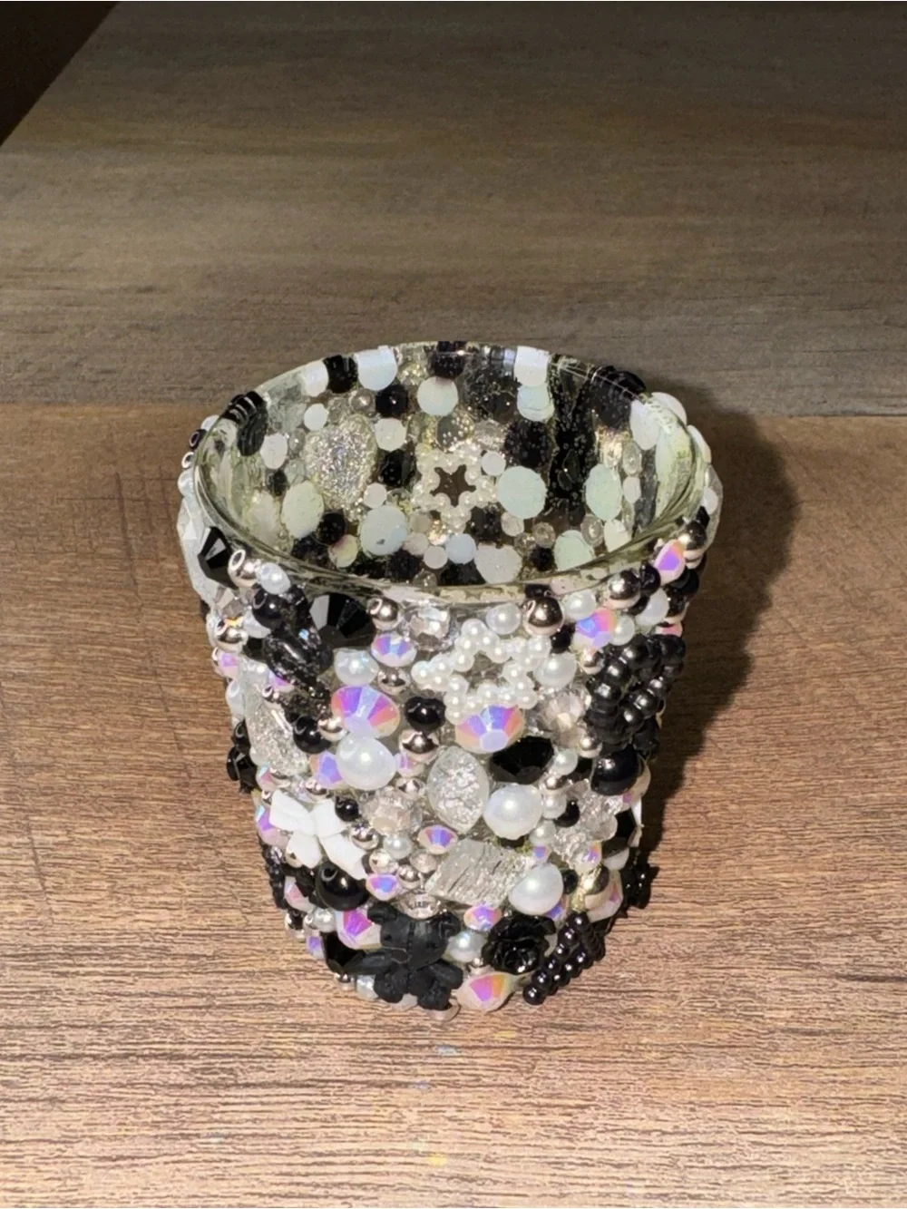 Handcrafted Black, White, Silver Bedazzled Shot Glass